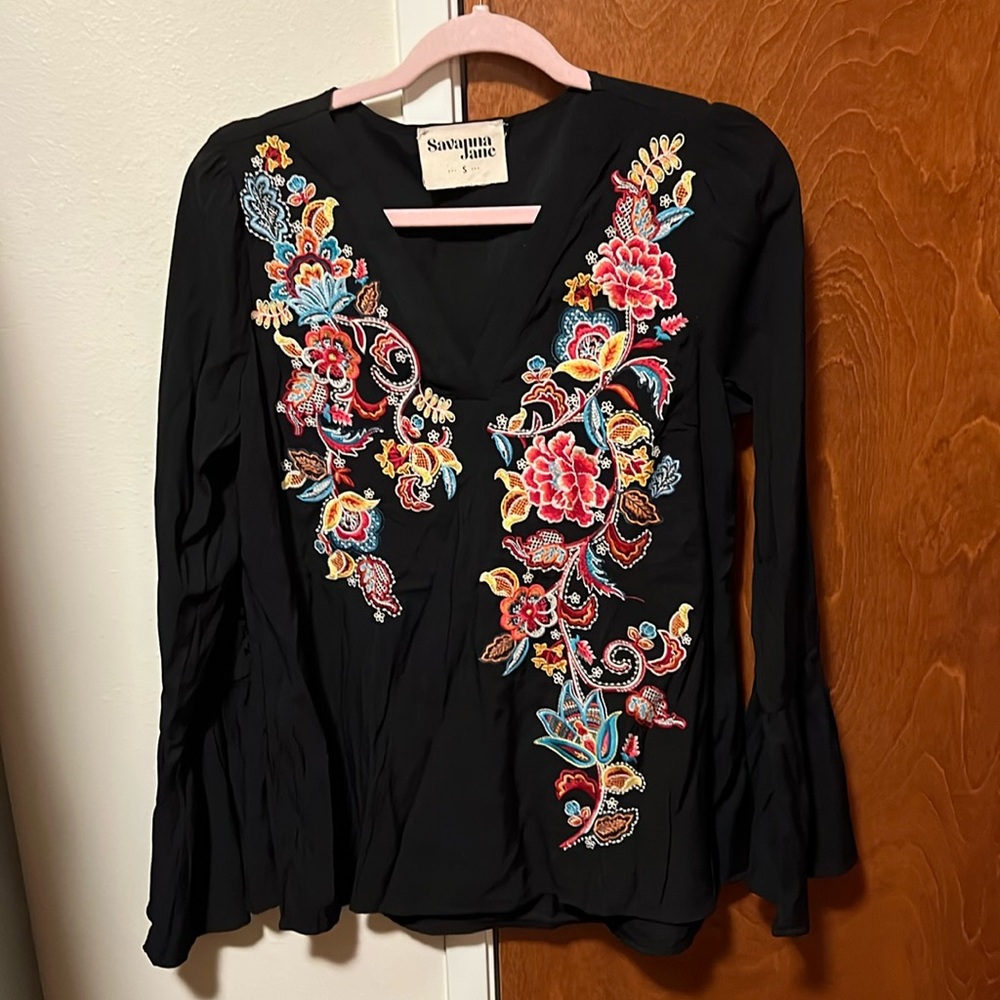 Savanna Jane Black V-Neck Blouse with Multicolor Floral Embroidery